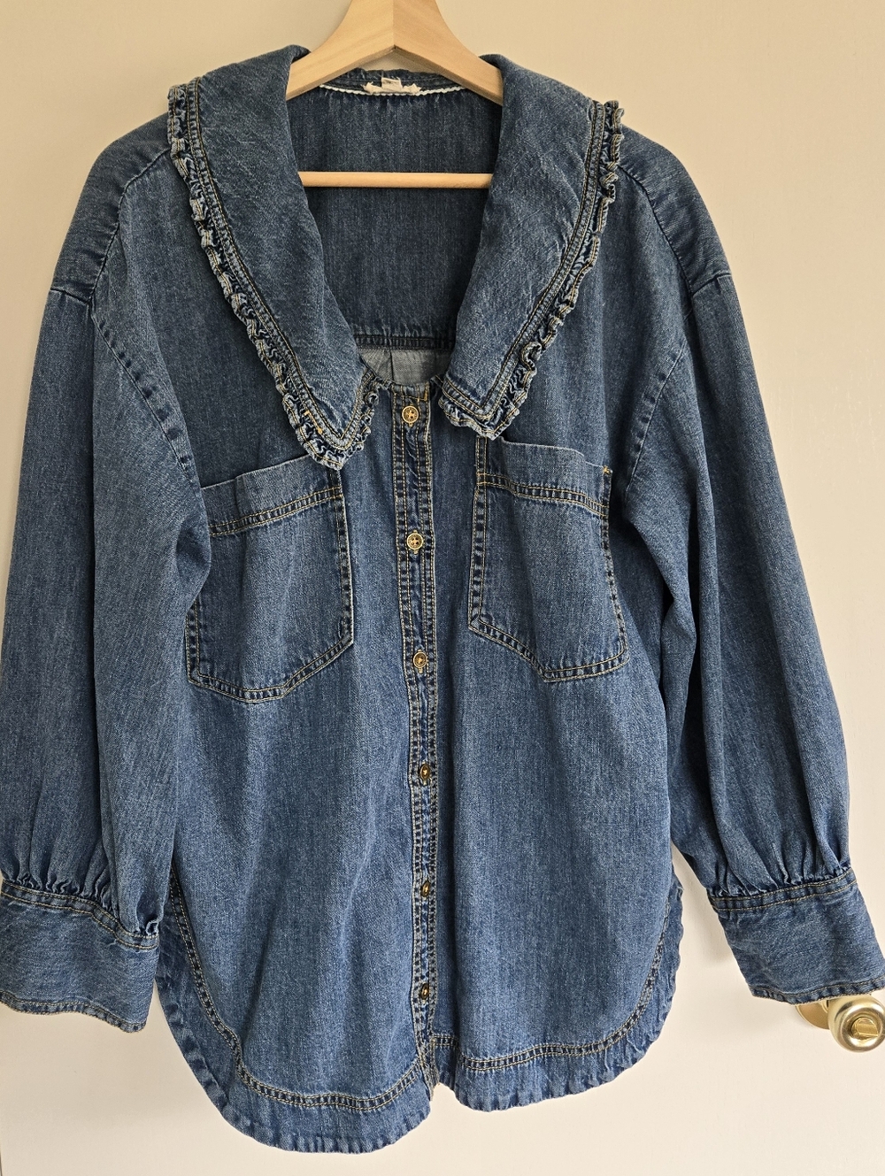 Pilcro Denim Button-Up Shirt with Frilly Prairie Collar Women's L